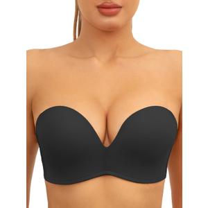 Strapless Bra Non-Slip No Underwire Padded Bandeau Multiway Smoothing Bras Convertible Straps (36C, Black)