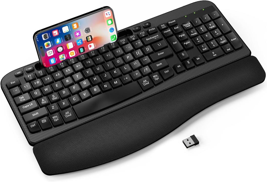 Ergonomic Wireless Keyboard with Cushioned Wrist Rest, Wave Keys, Phone Holder, Comfortable Natural Typing, 2.4GHz Full Size Cordless USB Computer Keyboard for Windows, Mac OS, Laptop, PC (Black)