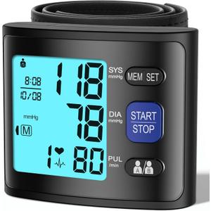 GUAEVER Wrist Blood Pressure Monitor, Automatic BP Cuff with Backlit Display, 2x90 Memory, Voice Broadcast, Measuring Board Case, AAA Battery Bp Monitor, for Home Use Elderly Travel (Black)