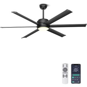Ohniyou 60" Industrial Ceiling Fan with Lights - Remote & APP Control, Dimmable, DC Motor, Outdoor Fan with Aluminum Blades for Patio Living Room, Black