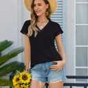 Boho Black Tops for Women Cap Sleeve Lace Shirts Dressy Night Out Short Sleeve Shirts Casual Summer Clothes V Neck Blouses Cute Womens Business Professional Outfits (Black, XL)
