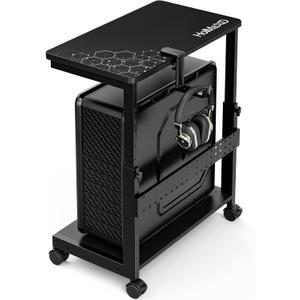 Height Adjustable Computer Tower Stand, 2-Tier ATX-Case CPU Holder with Mouse Pad & Headphone Stand, Mobile PC Standing Under Desk, Home Office Gaming Accessories, Computer Cart Wheels, Black