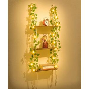 WOOD MEETS COLOR 3 Tier Macrame Wall Hanging Shelves with Artificial Ivy Leaves,Boho Room Decor Handmade Cotton Rope,Wooden Hanging Storage Floating Shelves for Small Plants,Living Room Bedroom