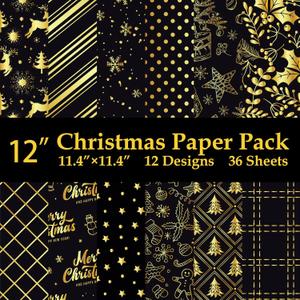2 x 12" Christmas Pattern Paper & Sticker Kit Black Gold Scrapbook Premium Specialty Paper Double-Sided 12"x12" with 12 Designs 36 sheets for Scrapbooking Card Making Crafting