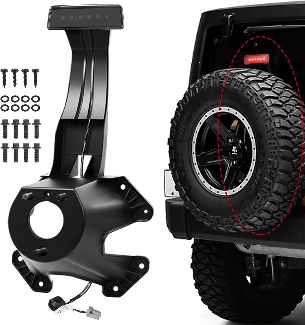 Spare Tire Holder Mounting Bracket with Screws Third Center High Mount Brake Light with Wiring Harness Compatible with 2007-2018 Jeep Wrangler JK Replaces 68048581AA, 55397217AJ (Black)