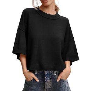 Saodimallsu Womens Short Sleeve Sweater Summer Oversized Cropped Sweaters Casual Crewneck Lightweight Knit Tops (Small, Black)