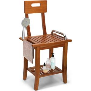 Teak Shower Chair with Handles and Backrest,18.7" Teak Shower with Non-Slip Feet Shower Head Holder and Storage Shelf for Seniors Adults Disabled Pregnant
