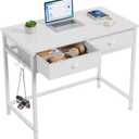 Furologee White Small Computer Desk with 2 Fabric Drawers for Bedroom,34 Inch Simple Home Office Writing Desk, Vanity Desk with Hooks, Study Table for Adults Student Small Spaces