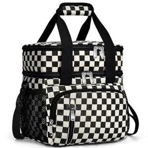 MIAOJIE Insulated Lunch Bag for Women, Double Leakproof Lunch Box Soft Cooler Tote with 5 Pockets, 600D Oxford, EVA Lining, Adjustable Strap for Work, Picnic, Beach&Travel- Corduroy Black Checkered