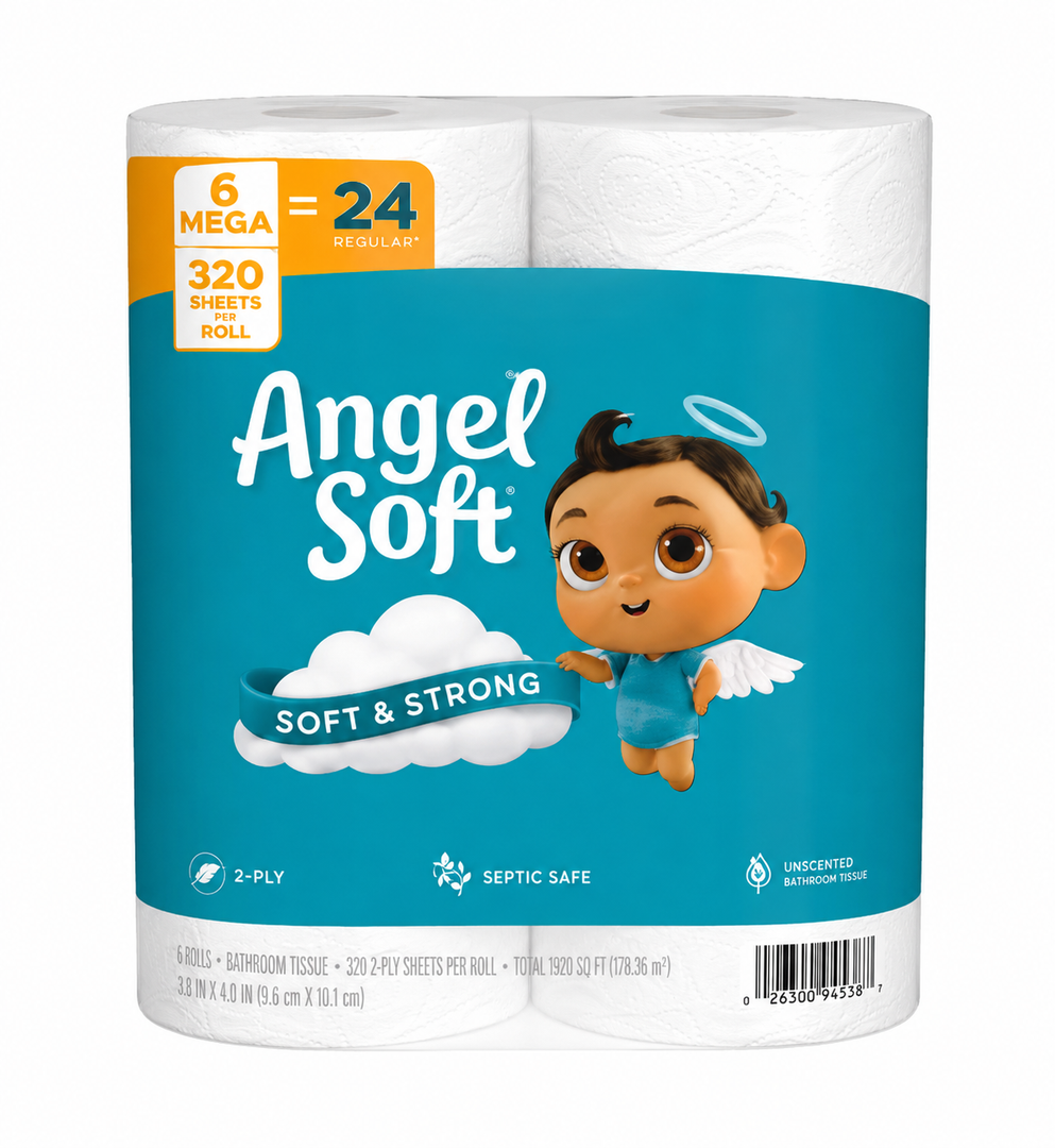 Angel Soft Toilet Paper, 6 Mega Rolls = 24 Regular Rolls, Soft and Strong Toilet Tissue