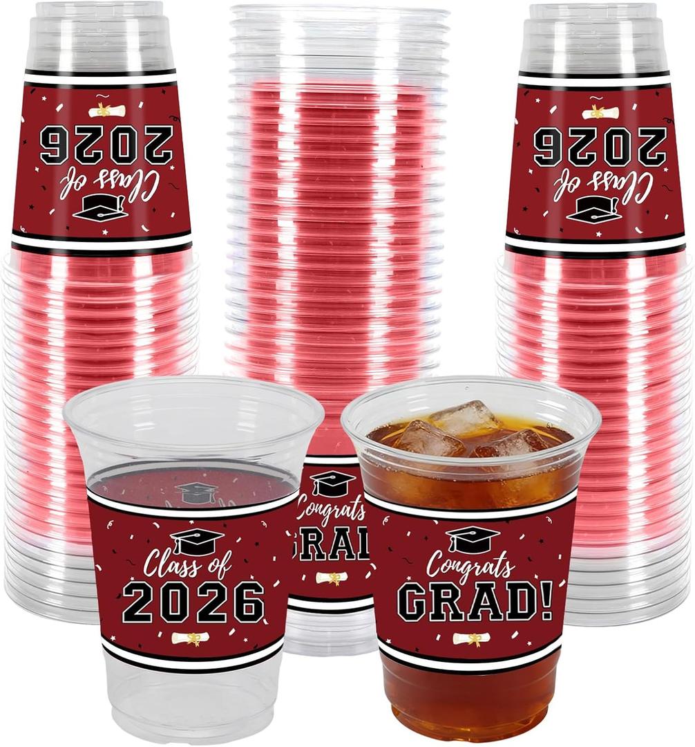 Labrostar 50Pcs Graduation Decorations 2026 Disposable Graduation Cups Congrats Grad Class of 2026 Decorations Graduation Party Supplies 16oz Maroon