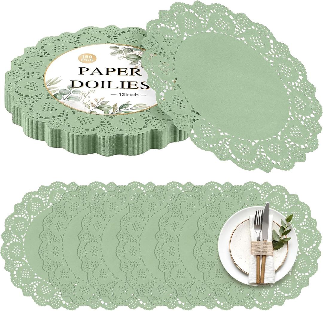 Kochorie 150 Pieces Lace Paper Doilies 12 Inches Round Sage Green Paper Doilies Disposable Decorative Placemats for Food Cakes Crafts Party Weddings Tableware Decoration