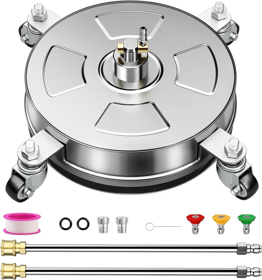 14" Pressure Washer Surface Cleaner with 4 Wheels, Stainless Steel Housing, 4000 PSI Max, 3 Connect Nozzles & 2 Extension Wands, Pressure Washer Surface Cleaner for Concrete, Patios, Sidewalks