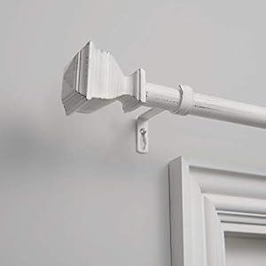 EXCLUSIVE HOME Napoleon 1" Curtain Rod and Coordinating Finial Set, Distressed White, Adjustable 36"-72" 