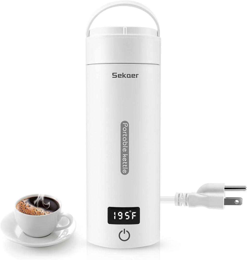 Sekaer Portable Electric Tea Kettle Travel Small Mini Coffee Kettle, with 4 Variable Presets, Personal Hot Water Boiler 304 Stainless Steel with Auto Shut-Off & Boil Dry Protection, SY-618A (White)