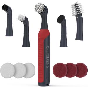 LifeBasis Rechargeable Power Scrubber 11-Piece Kit, Cordless Electric Cleaning Brush, IPX7 Waterproof Electric Grout Brush for Home, Kitchen, Bathroom, Grout, Tile, Shower, Tub, Red