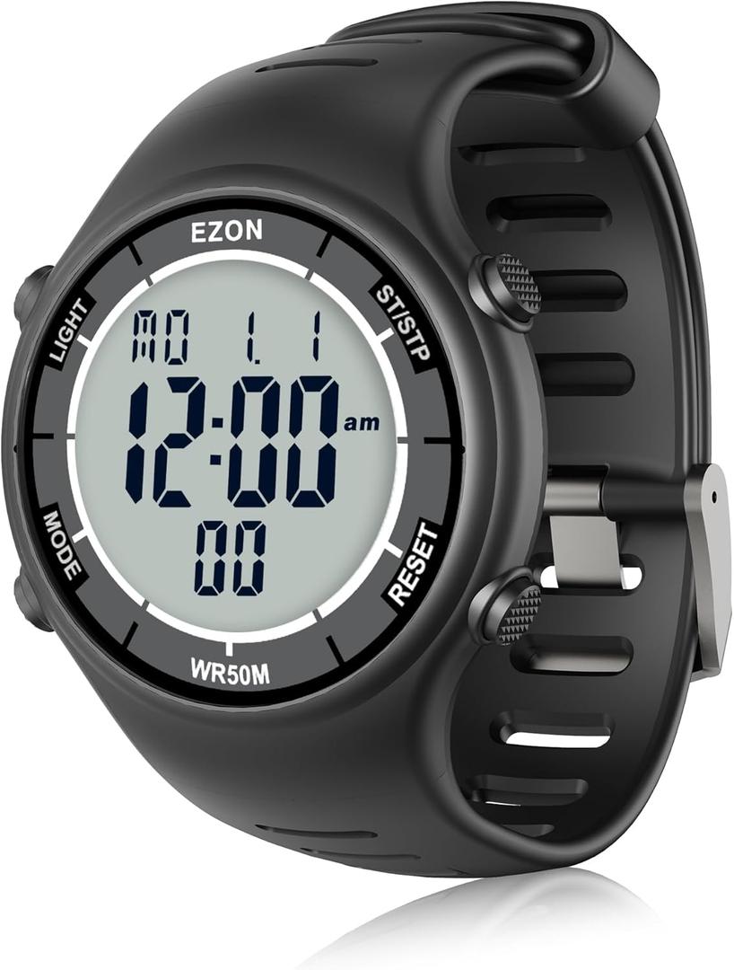EZON Digital Watch with Stopwatch Countdown Timer Alarm EL Backlight,Ultra-Thin Large Display 5ATM Waterproof Digital Wrist Watches for Men Women (Matte Black)