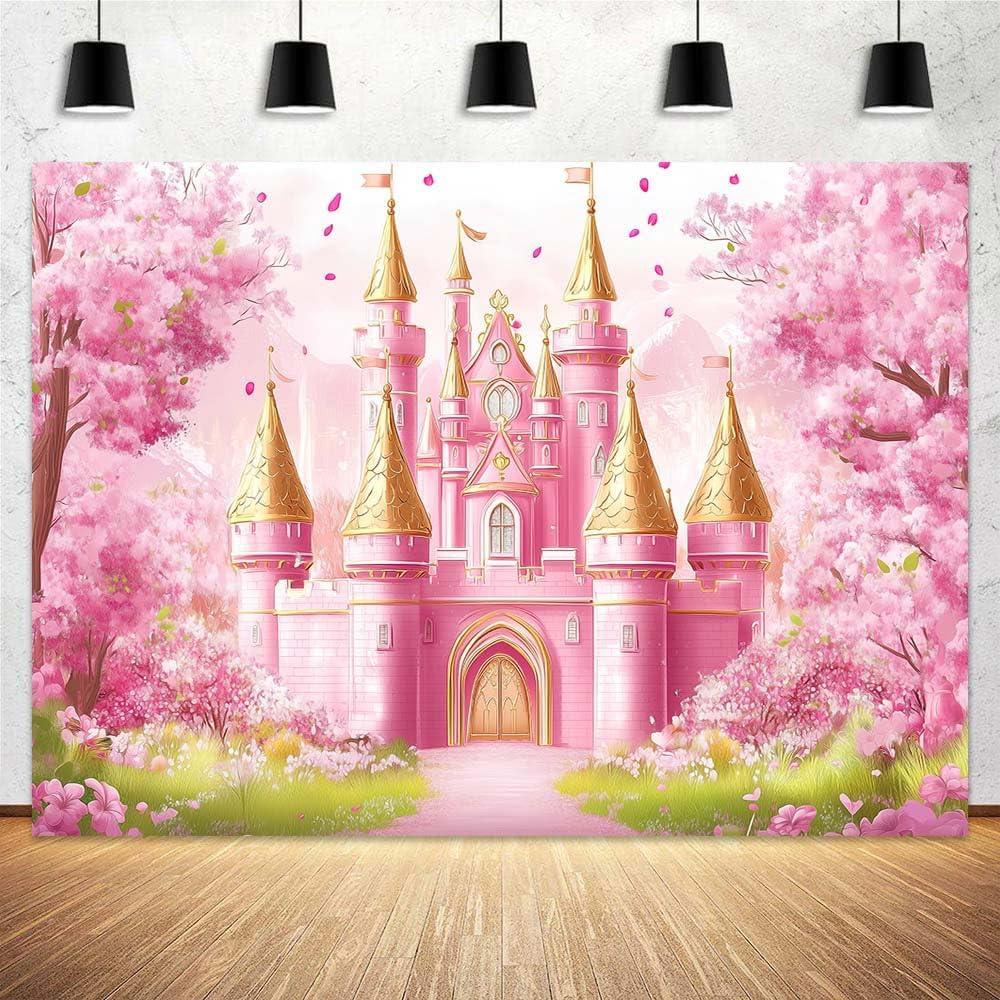 10x8ft Princess Castle Birthday Backdrop Photograph Pastel Watercolor Pink Royal Castle Background Sakura Fairy Tale Girl Birthday Party Decorations Supplies Cake Table Banner Photo Booth Props