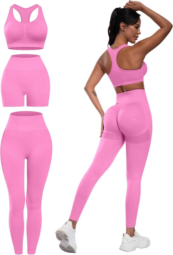 3 Piece Workout Sets for Women Butt Lifting Leggings with High Impact Sports Bra Gym Shorts, S