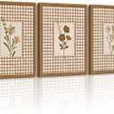Vintage Floral Wall Art Cottage Core Wildflower Canvas Wall Decor Cottagecore Botanical Prints Gingham Farmhouse Flower Pictures Neutral Floral Poster for Bathroom Home Bedroom 16x24x3 Inch Framed