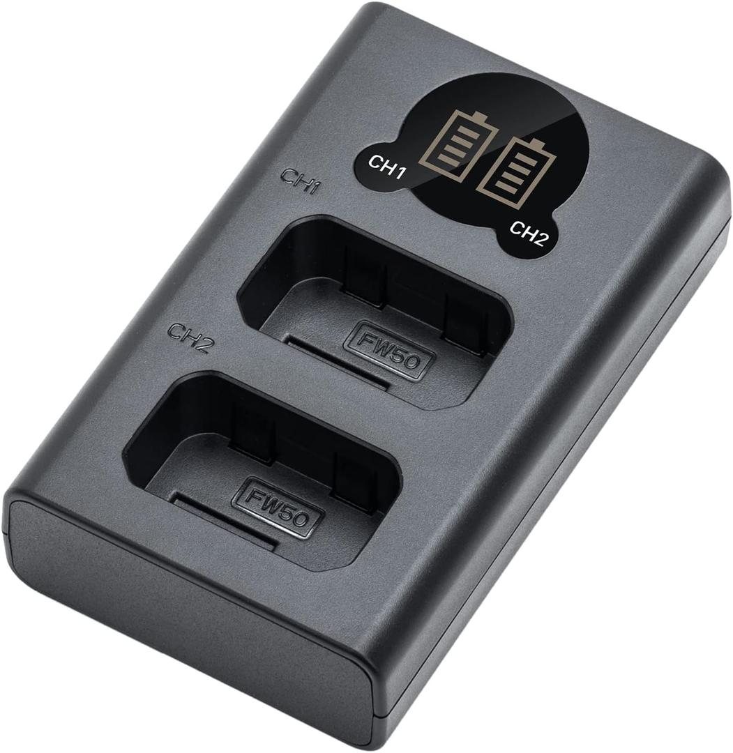 Kimaru NP-FW50 Battery Charger, Double Slot BC-TRW Charger for Sony ZV-E10, Alpha A6000 A6300 A6400 A6500 A5000 A5100 A7 A7II A7R A7RII A7S A7SII RX10 II III Cameras.