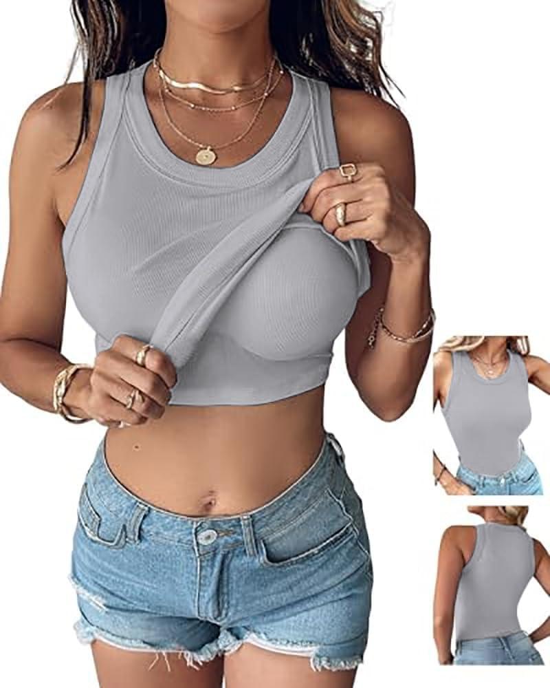 CHICME Women Built-in Bra Tank Tops Sleeveless Casual Shirts Racerback Ribbed Fitted Tank Tops (Medium)