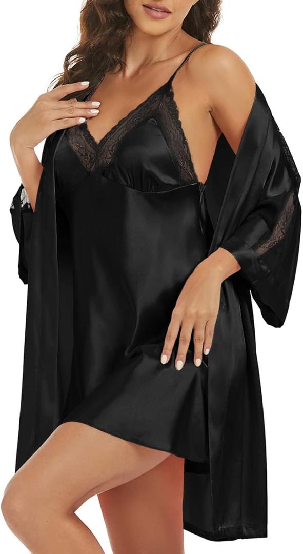 Women's Silk Pajama Sets Satin Robe with Nightgown 2 Piece Sleepwear Sexy Lace Cami Nightwear Kimono Bridesmaid Robes (Medium, Black)