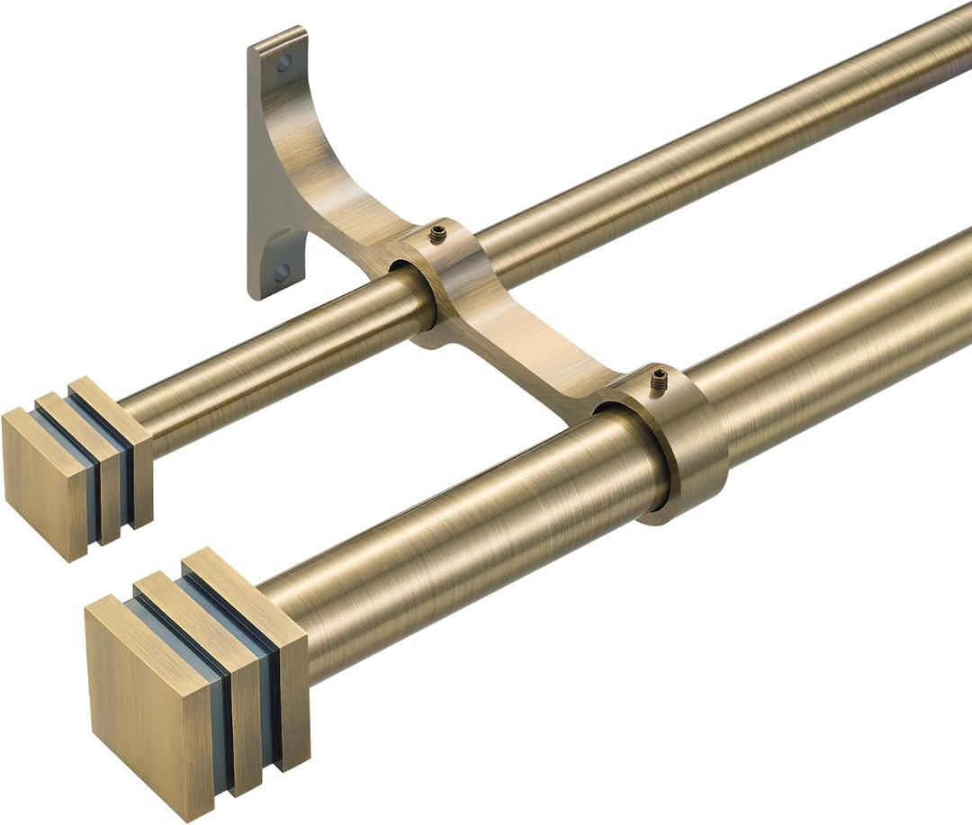 Double Curtain Rods with Aluminum Full Surround Brackets and Cube Box Finials,Antique Bronze Curtain Rods for Windows 36 to 72 inch,1'' Front and 5/8''Back Adjustable Double Drapery Rods