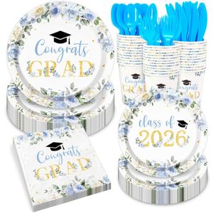 Whaline 168 Pcs Graduation Floral Paper Plates and Napkins Set Party Supplies Blue Flower Congrats Grad Disposable Tableware Cups and Cutlery for 24 Guests Class of 2026 Dinnerware