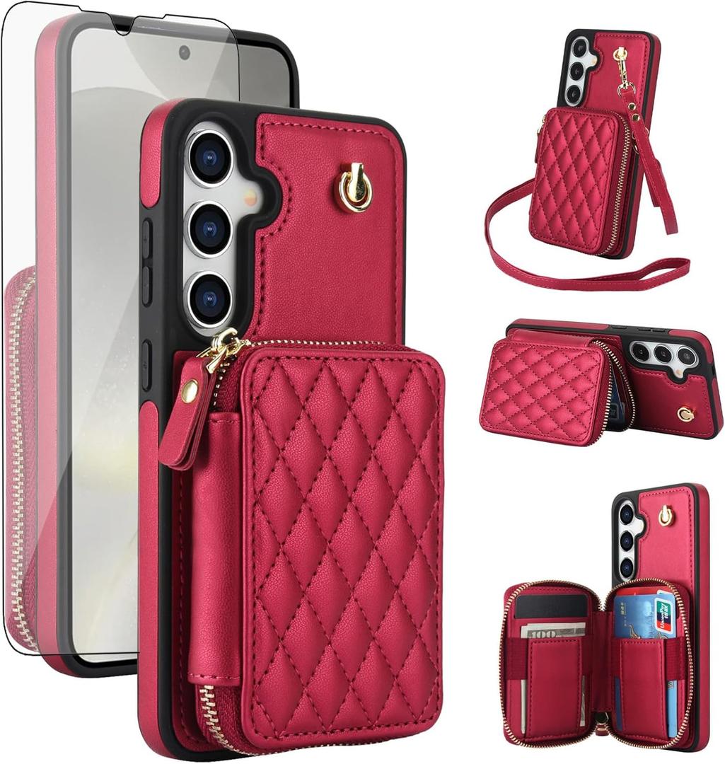 Phone Case for Samsung Galaxy S24 5G Wallet Cell Cover with Tempered Glass Screen Protector Wrist Crossbody Strap Lanyard Stand RFID Blocking Credit Card Holder S 24 24S G5 SM-S921U Women Girls Red