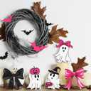 3 x 5 Pcs Pink Black Halloween Table Decor, 5 Styles Cute Wooden Ghosts and Bows Halloween Decorations Indoor, Funny Ghost Tabletop Centerpieces Tiered Tray Decor Signs for Home Office Room