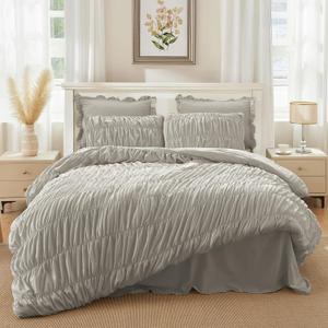 CAPALOCA Grey King Size Comforter Set - Boho Fluffy Ruched Bedding Comforter Set with 2 Pillowcasess, 3 Pieces Soft Shabby Chic Ruffle Bed Set for All Season