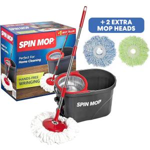 Simpli-Magic 79349 Spin Mop Cleaning System with 3 Microfiber Mop Heads, Red/GRAY,Red/Black