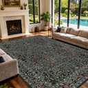 Extra Large 10x14 Area Rug for Living Room, Washable Rugs for Dining Room, Bedroom, Non Slip Stain Resistant Carpet, Low Pile Vintage Floral Rug (Dark Green)