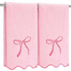 Fanfanwin 2 Pcs Pink Bow Scalloped Hand Towels for Bathroom 26 x 13 Inch Soft Embroidery Cute Coquette Bath Towels Fingertip 100% Cotton Soft Absorbent Boho Bath Decor for Kitchen Bathroom