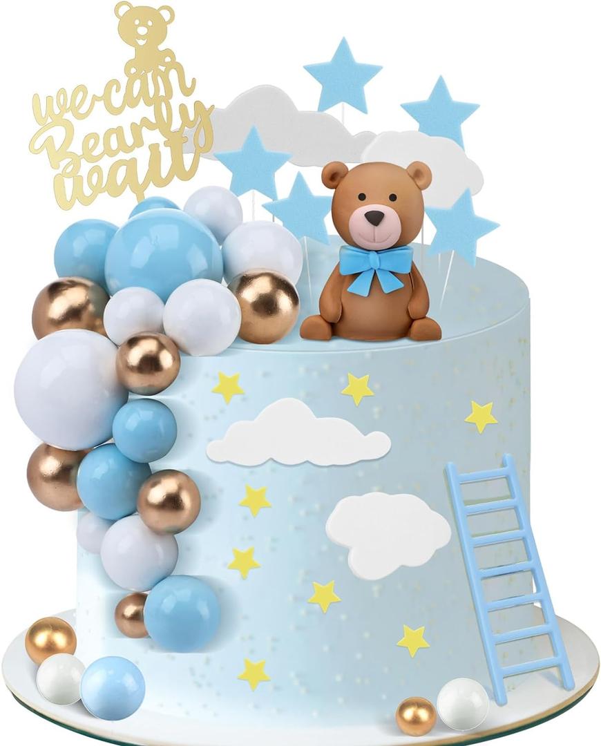 Yinder 37 Pcs Bear Cake Decoration Toppers for Baby Shower Decorations with Balls We Can Bearly Wait Happy Birthday Mini Bear Figurine Cake Party Birthday Supplies (Cute)
