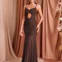 EYNMIN Spaghetti Strap Maxi Dress V Neck Cut Out Ruched Bodycon Mesh Long Formal Wedding Guest Dresses for Women (Brown, M)