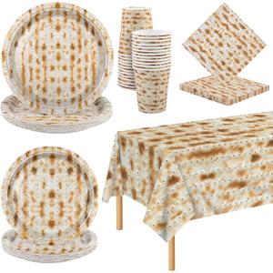 Kochorie 97 Pieces Passover Matzoh Tableware Set for 24 Guests Matzoh Plastic Tablecloth Paper Plates Napkins Cups Disposable Passover Dinnerware Set for Seder Table Decorations