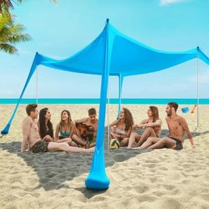 Beach Umbrella Tent Sun Shade UPF50+ Protection, Sand Shovel, Ground Pegs & 4 Aluminium Stability Poles, Outdoor Beach Shade Canopy for Camping, Fishing, Picnics, Backyard,Tent Houses 10x10 Ft (Sky Blue)