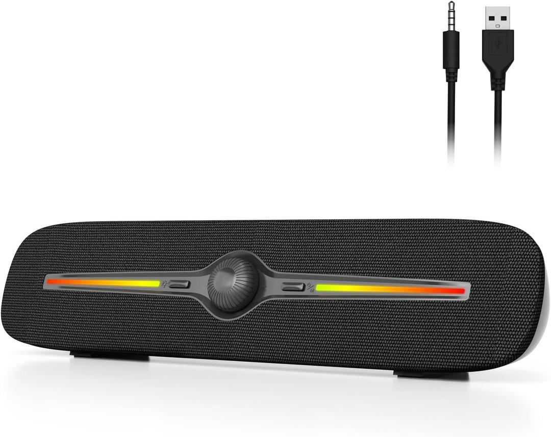 SOULION R90 Bluetooth Computer Speakers for Desktop, USB Powered 3.5mm AUX PC Speakers with LED Dynamic Light, Portable Soundbar Speaker with Rotary Volume Control for Laptop Monitor