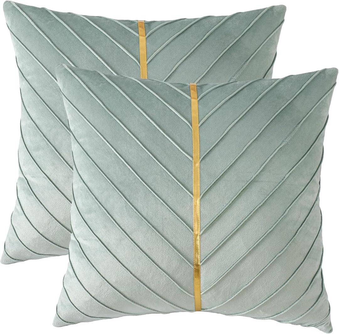 Mint Green Pillow Covers 18 x 18 Pack of 2 with Gold Leather Velvet Throw Pillow Covers Emerald Green Decorative Couch Pillowcases Luxury Modern Soft Pillow Cases Spring Summer Home Decor