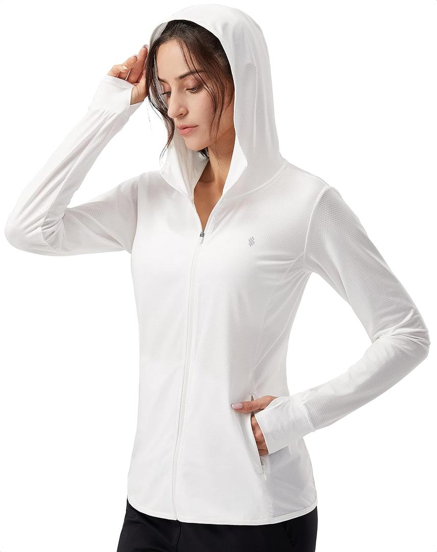 Soothfeel Women's UPF 50+ Sun Protection Hoodie Jacket Lightweight Long Sleeve Sun Shirt for Women with Pocket Hiking Outdoor (Medium, B-white)