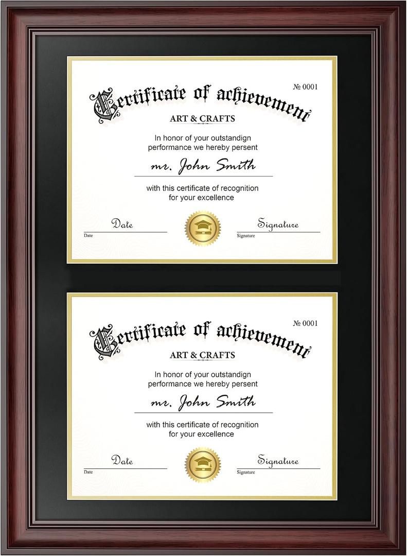 Yaetm Vertical Double Diploma Frame 14x20 for Two 8.5x11 Certificates, Degrees, Documents, Tempered Glass with Black Over Gold Acid-free Mats, Dual Diploma Frames, Mahogany/Black