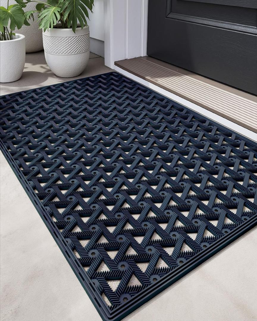 DEXI Front Door Mat Outside Entrance Rubber 19x30, Welcome Floor Doormat Heavy Duty Non Slip, Dirt Trapper Waterproof Exterior Entry Mats All Weather for Patio Entryway Drainage, Blue