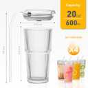 Wells 20oz Glass Cups with Lids and Straws, Ribbed Iced Coffee Cups, Thickened Drinking Glass Tumbler, Ideal for Coffee, Smoothies, Cocktails, and Juices, Clear, Set of 4