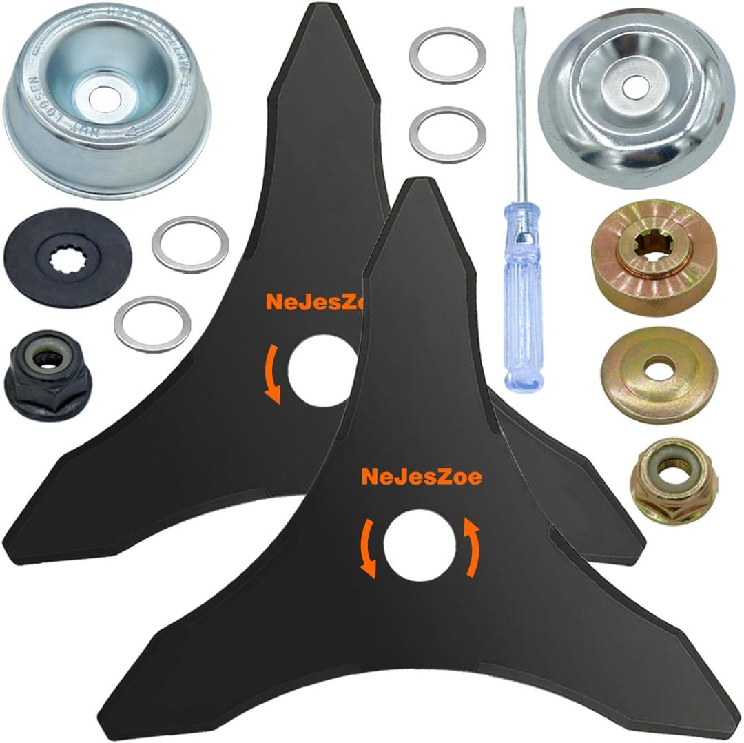 NeJesZoe 10" x 3 Teeth Carbon Steel Brush Cutter Blades Weed Trimmer Blade Head with Adapter Kit for Weed Eater Blade Compatible with Stihl,Husqvarna,Ego Brush Cutter,Trimmer,Weed Wacker (2 Pack)