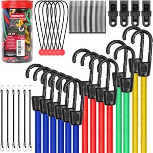 60-Piece Bungee Cords Assorted Sizes - 10" 18" 24" 32" 40" Bungee Cords with Hooks, Heavy Duty Outdoor, Large Medium Small Mini Elastic Canopy Tarp Bungee Ball Ties Tarp Clips Organizer