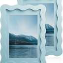 4x6 Wavy Picture Frame With Mat For 3.5x5, Wavy Edge Wooden Picture Frame with Real Glass - Wall Mount and Tabletop Display, Blue, 2 Pack