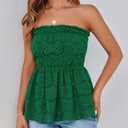PRETTYGARDEN Women's Boho Tube Tops 2025 Summer Strapless Off Shoulder Eyelet Smocked Peplum Trendy Going Out Bandeau Top (Green, S)