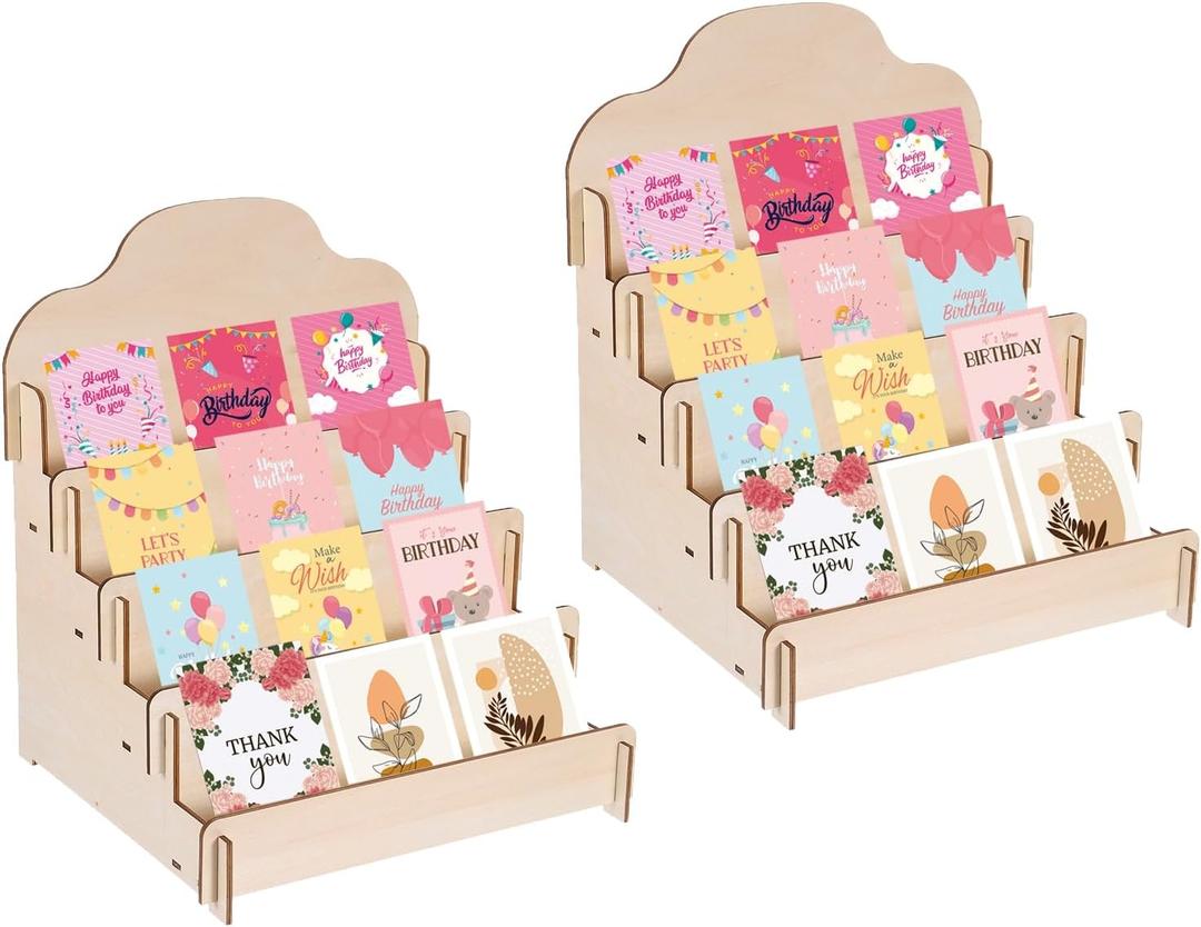 PATIKIL Greeting Card Display Stand, 2 Pcs 4 Tiered Sticker Display Holder Portable Postcard Display Stand Wooden Greeting Card Display Rack for Card Photo, 11.8 x 10.4 x 14.2, Beige